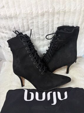 Burju Black Lace-Up Pointed Toe Heeled Ankle Boots